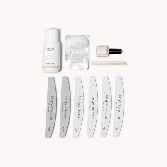 Gel polish removal kit: acetone remover, foil wraps, wooden sticks and nail files from The Gel Collection